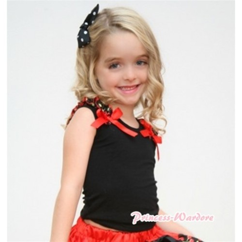 Black Tank Top with Black Cherry Ruffles and Hot Red Bows T363 